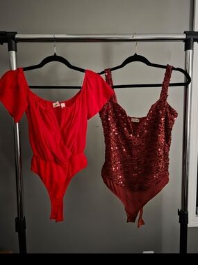 BKE Red & Burgundy Women's Bodysuits - Off-Shoulder & Sequin Tank